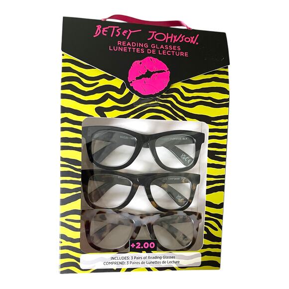 Betsey Johnson +2.00 Reading Glasses Readers 3 Pack Set Black Tortoise White - Picture 1 of 10